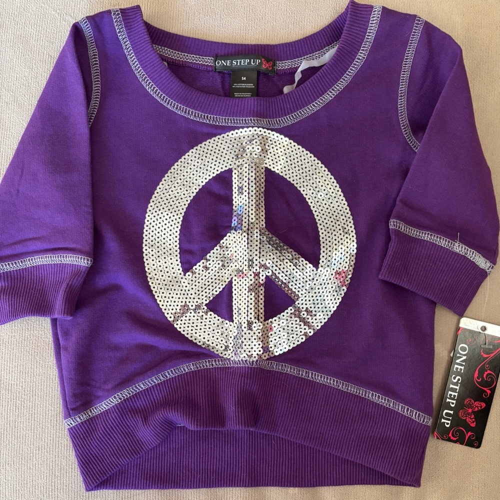 One Step Up Purple Sequin Peace Sign Little Girls Cropped Sweatshirt Size 4